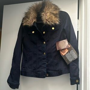 Stylish Jean jacket with removable fur collar new with tags